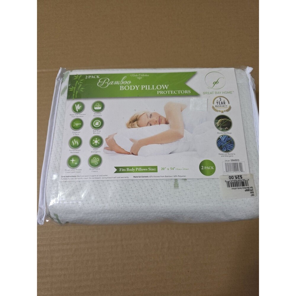 Great Bay Home 2 Pack Bamboo Body Pillow Zippered Covers 20"x54" Protectors New